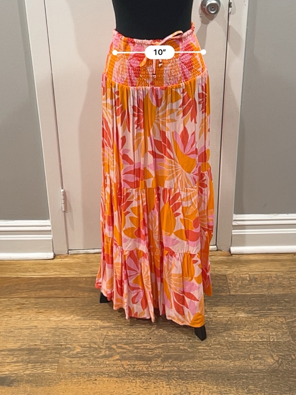 Tiered Floral Maxi Skirt with Smocked Waist in Pink & Orange - Picture 4 of 5